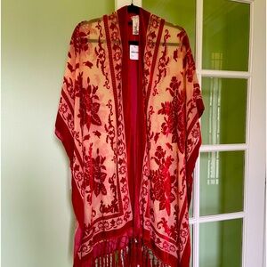 Free People Boho shawl/Duster. Red velvet floral with fringe. New,Tag attached.